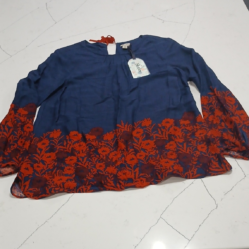Hatley Blue and Red Ruffled Long Sleeve Blouse Sz S NEW WITH TAGS!!!